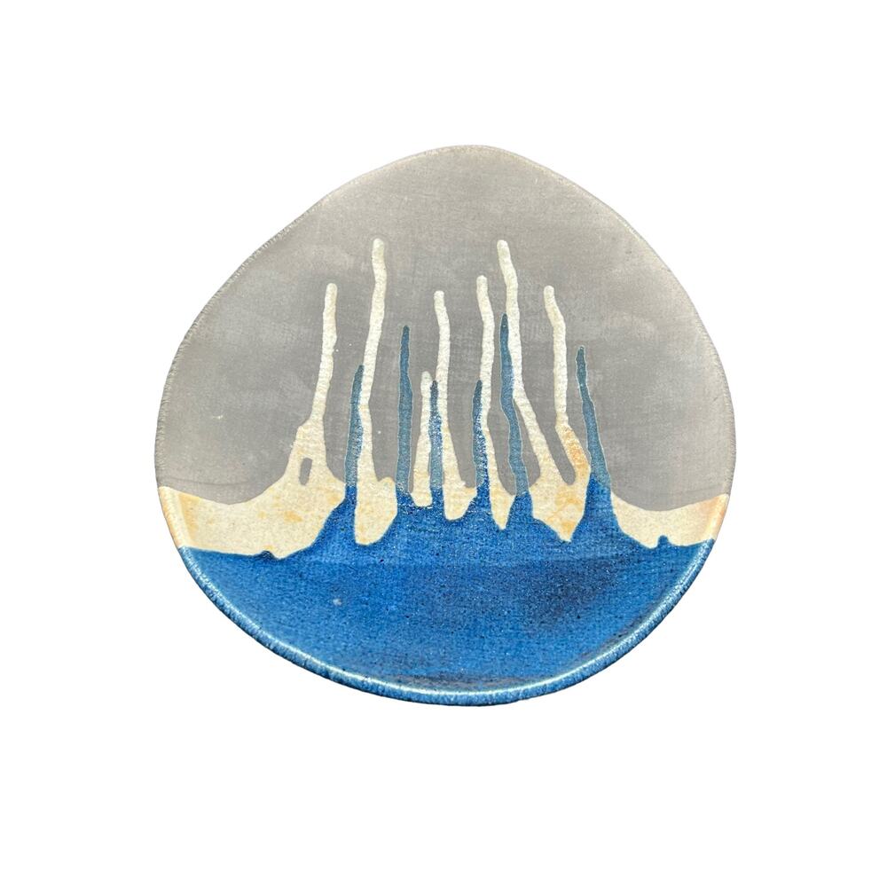 Vintage Raku Footed Painted Pottery Trinket Dish Blue & Brown